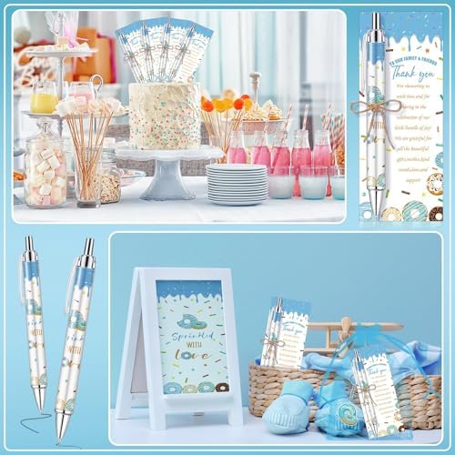 145 Pieces Donut Baby Shower Favors for Guest Sprinkled with Love Ballpoint Pens and Keychains Gifts for Boys Bulk Retractable Baby Shower Pens Gender Reveal Thank You Cards Souvenirs Prizes - Image 6