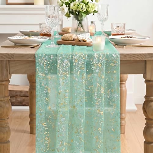 Artoid Mode 10Pcs Turquoise Gauze Gold Table Runner 10FT, Glitter Metallic Foil Sheer Dining Wedding Anniversary Holiday Table Decor for Home Party - Image 2
