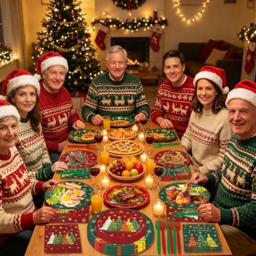 250 Pcs Christmas Plates and Napkins, 50 Guests Party Dinnerware Supplies Disposable Merry Christmas Tree Paper Plates Napkins Tableware for Winter Xmas Holiday Party Decorations - Image 3