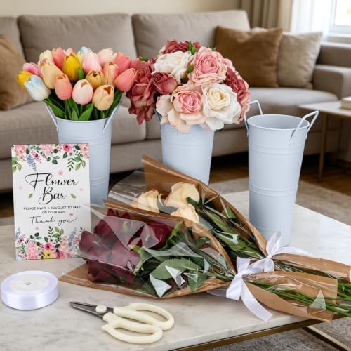 68 Pcs Flower Bar Buckets Kit 12pcs Galvanized Bucket Floral Shears Wood Sign Kraft Paper Flower Gift Bags with Ribbon, Bloom Bar Supplies for Wedding Bridal Baby Shower Birthday Table Centerpieces - Image 4