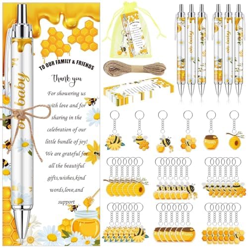 145 Pieces Bee Baby Shower Favors for Guest Honeycomb Ballpoint Pens and Keychains Gifts Bulk Retractable Honey Baby Shower Party Pens Gender Reveal Greeting Cards Souvenirs Prizes by EYNDYN