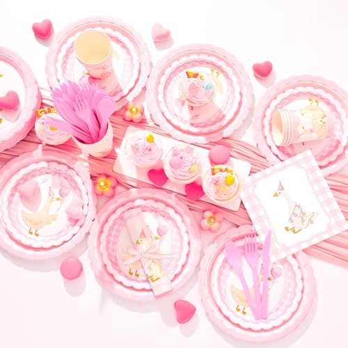 Zhehao 350 Pcs One Silly Goose Birthday Party Tableware Set Scalloped Pink Bow Baby Shower Plates Cup Napkins Forks for Birthday Party Decorations Supplies for 50 Guests - Image 2