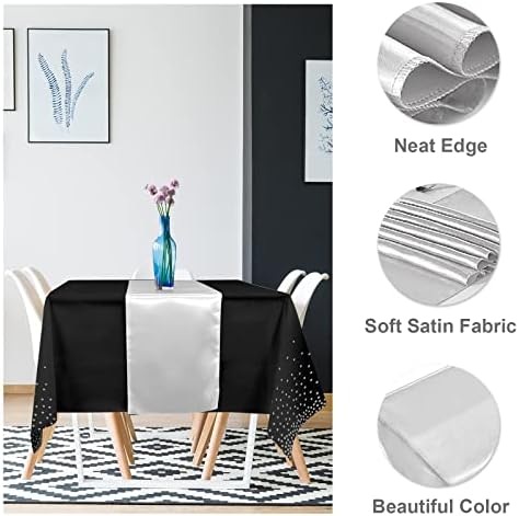 24Pack Disposable Plastic Tablecloths and Satin Table Runner Set Black and Silver Dot Tablecloth Silver Satin Table Runner for Wedding Birthday Baby Shower Anniversary Christmas New Year Party Supply - Image 3