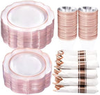 NOCCUR 350PCS Rose Gold Plastic Plates - Clear Rose Gold Disposable Dinnerware Set - Include 100 Dinner/Dessert Plates,50 Cups,50 Pre Rolled Napkins with Cutlery Set - Ideal for Party/Mother's Day by NOCCUR