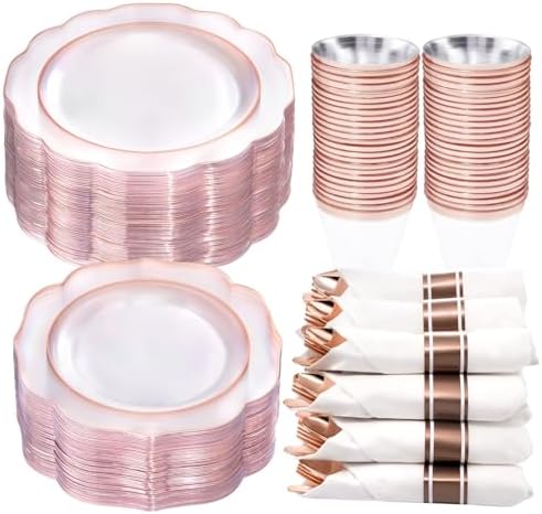 NOCCUR 350PCS Rose Gold Plastic Plates - Clear Rose Gold Disposable Dinnerware Set - Include 100 Dinner/Dessert Plates,50 Cups,50 Pre Rolled Napkins with Cutlery Set - Ideal for Party/Mother's Day by NOCCUR