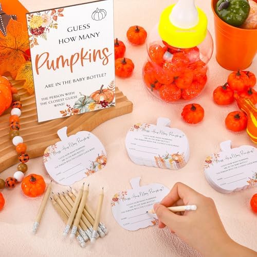 Seenelling 152 Pcs Fall Baby Shower Games Guess How Many Pumpkins Game Stand Sign 100 Pumpkins Guessing Cards 20 Pencils 1 Large Baby Bottle 30 Pumpkins for Guests Gender Reveal Party Game Decorations - Image 5