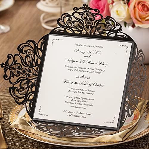 Hosmsua 50PCS Personalized Black Wedding invitation with Envelopes, 6.3x6.3 Laser Cut Hollow Lace Rose Invitation for Wedding Engagement Birthday Invite (Customized Printed) by Hosmsua