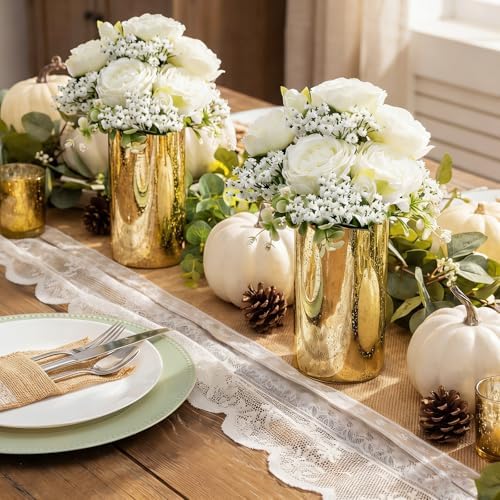 Suncalla 6 Sets Gold Cylinder Vases Artificial Peony Candle Holders, White - Image 6