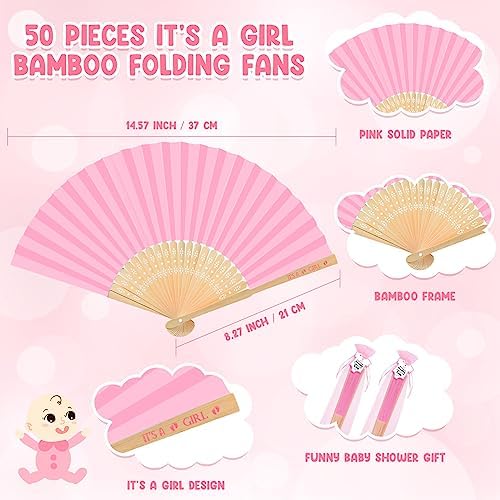 Colarr 50 Sets Baby Shower Favors for Guests Folding Fans Bulk, Pink - Image 2