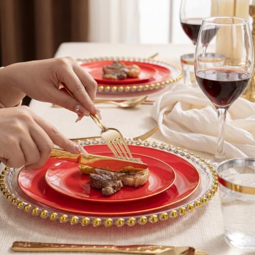 WDF 150Pcs Red Plastic Plates - Red Plates Disposable 25Guest Dinnerware Include 25 Dinner Plate, 25 Dessert Plate, 75 Cutlery & 25 9oz Cups for Wedding/Birthday/Bridal Shower - Image 5