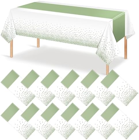 12Pcs White and Sage Green Tablecloth Decorations,Plastic White Table Cloth Printed Green Table Runner Disposable Rectangle Tables Cover for Birthday Wedding Anniversary Graduation Party,54 x108 Inch by MASHAN