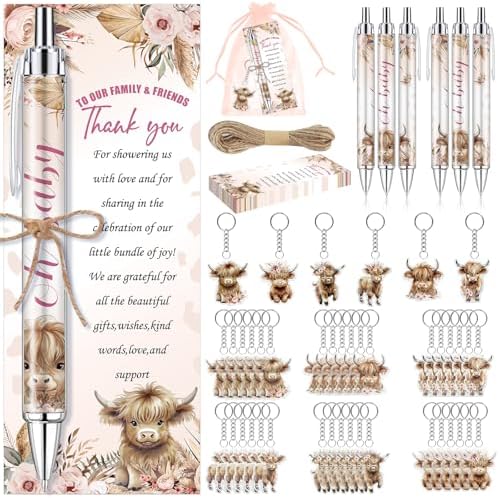 289 Pieces Highland Cow Baby Shower Favors for Guest Party Ballpoint Pens and Keychains Gifts for Boys Bulk Retractable Baby Shower Pens Gender Reveal Thank You Cards Souvenirs Prizes by EYNDYN