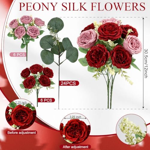 12 Bundles Peonies Artificial Flowers Bulk, Dusty Pink & Burgundy - Image 2