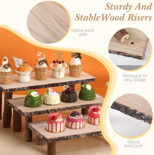 Jetec 11 Pcs Wood Cake Stand Rectangular Round Rustic Wedding Cake Holder Tray with Wooden Slice Toppers and Cutter for Wedding Reception Party Event - Image 4