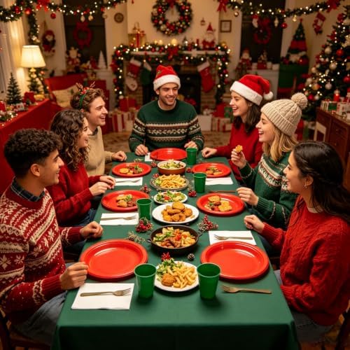 200pcs Red Green Gold Plastic Plates Party Supplies, Disposable 9’’ Red Dinner Plates and Napkins, Cups & Cutlery Plastic Dinnerware Set for Christmas, Holiday, Birthday, Serves 50 Guests - Image 6
