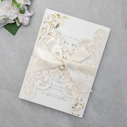20Pcs Ivory Laser Cut Wedding Invitation Cards With Envelopes - Image 2