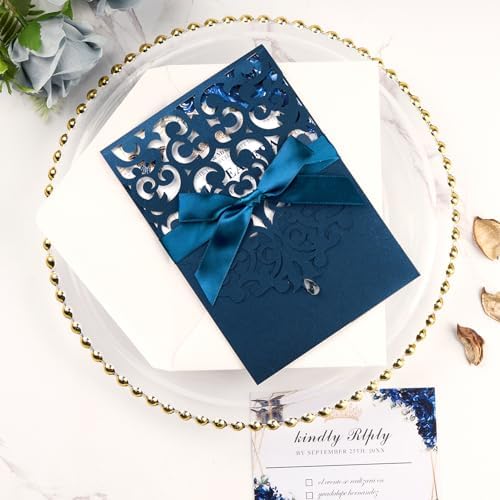 50pcs Wedding Invitation Kit, Navy Blue Laser Cut Invitations with Cards - Image 4