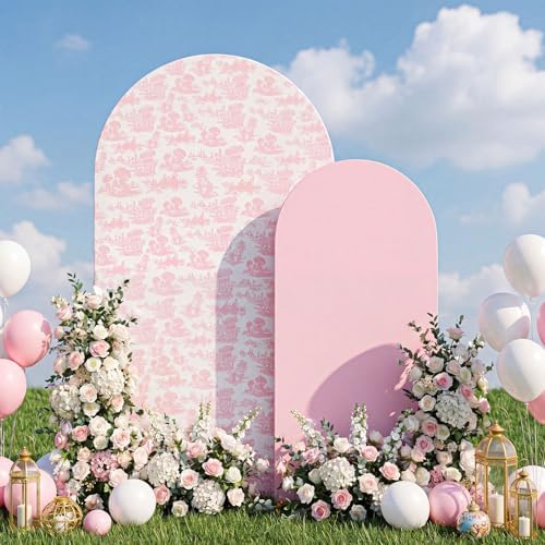 Remagr 2 Pcs Toile De Jouy Pink Floral Arch Backdrop Cover (7.2ft, 6ft) by Remagr