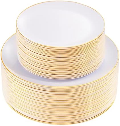 KIRE 100PCS White Plates with Gold Trim - Plastic Disposable Plates - Includes 50Pieces 10.25inch Dinner and 50Pieces 7.5inch Dessert/Salad Plastic Plate for Wedding Receptions/Party/Thanksgiving by KIRE