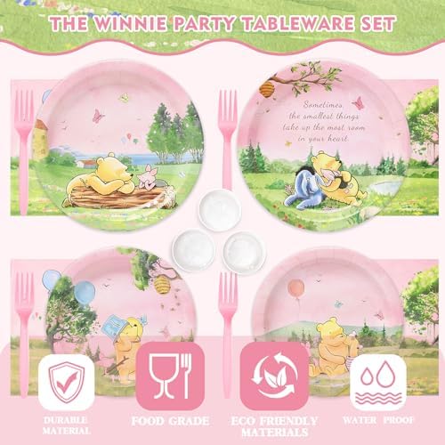 144Pcs Pink Winnie Bear Baby Shower Plates and Napkins Tableware Set, Plates Napkins Cups Straws and Forks Sets, Winnie Baby Shower Decorations Birthday Party Supplies, Serves 24 Guests - Image 5