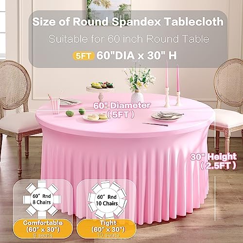 8 Pack Pink Round Spandex Tablecloths for 60inch Table, Wrinkle Free 120inch Stretchy Fitted 5FT Round Table Cloths Cover with Skirt for Wedding Birthday Party Dining Banquet Event - Image 6