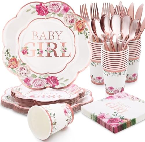 Baby Shower Decorations,Floral Girl Baby Shower Decorations, Baby Shower Plates and Cups and Napkins Set for Baby Girl Shower Decoraraions Party Supplies-(Serves24) by Boosolo