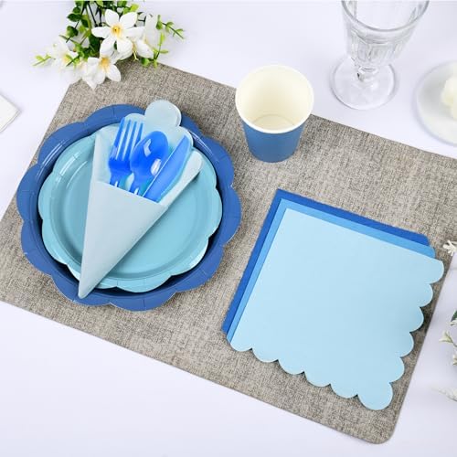 350 Pcs Blue Party Supplies Set - Blue Paper Plates and Napkins Set Include Gradient Blue Scalloped Paper Plate Napkin Cup Spoon Fork Knife for Birthday, Baby Shower, Wedding Forest Events - Image 6