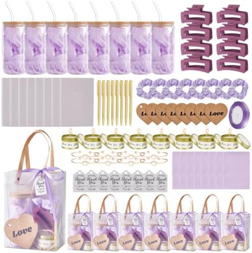 90Pcs Baby Shower Prizes for Game Winners Gifts Wedding Bridal Shower Gifts Including Glass Cans Notebooks Soy Candles Hair Clips for Baby Shower Wedding Bridal Shower Game Prizes (Purple, 8 Sets) by Rigibright