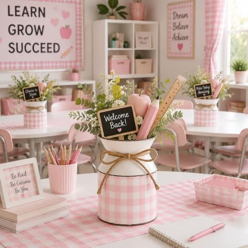 Domensi 6 Pcs Farmhouse Metal Flower Vase, Pink Gingham Table Centerpiece - Image 4