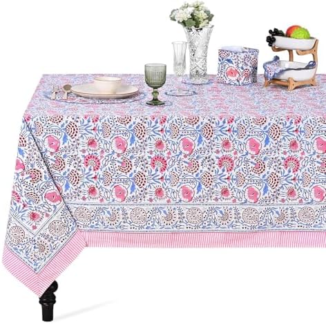 Ridhi Pigeon Blue & Pink Hand Block Print Cotton Tablecloth 108 x 70 Inch by Ridhi