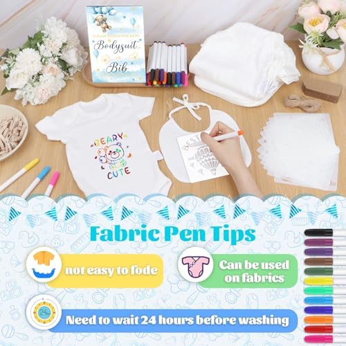 201 Pcs Baby Shower Set Baby Shower Game Sign Baby Bib Bodysuit White Baby Bib Newborn Bodysuit Baby Shower White Decorating Kit(New Blue Bear) - Image 2