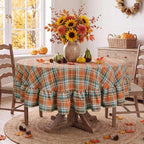 Romanstile Thanksgiving Plaid Ruffled Round Tablecloth 70 Inch Rust - Image 2