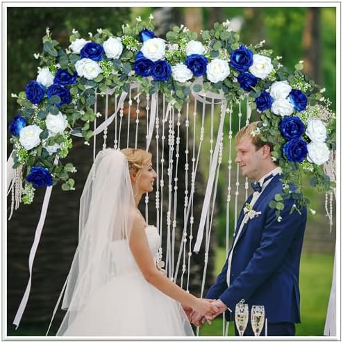 Riceshoot 4 Pcs 26 ft Artificial Eucalyptus Vines Garland with Flowers Faux Floral Greenery Garlands Rose Wreath for Wedding Party Arch Table Decor Backdrop Decorations (Blue and White) - Image 5