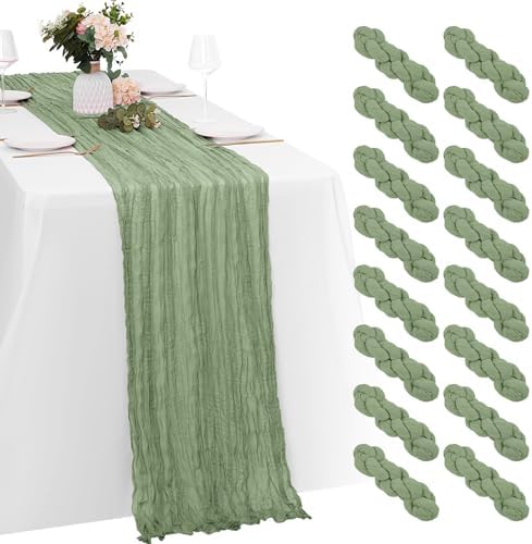 16 Pack Sage Green Cheesecloth Table Runners 20x120 Inch Gauze Table Runner Cheese Cloth 10FT Green Table Runner Rustic Sheer Runner for Wedding Baby Shower Birthday Party Table Decor by Yorcari