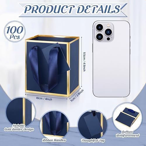 Yeaqee 100 Pcs Mini Paper Gift Bags with Handles Tag, Navy Blue, Gold - Image 2