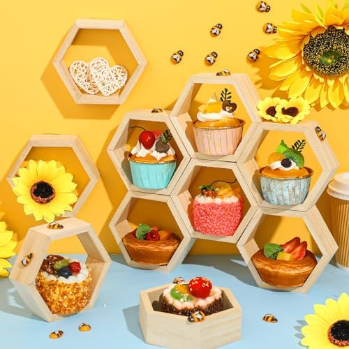 Fairysandy 12 Pcs Mini Honeycomb Cupcake Stand 50 Tiny Wooden Bee, Wood - Image 4