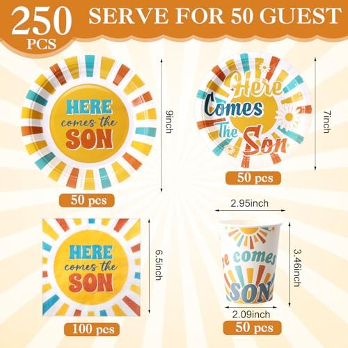 Ziliny 250 Pcs Here Comes The Son Baby Shower Party Decorations Boho Sun Rainbow Disposable Paper Plates Napkins and Cups Tableware Set for Sunshine Boy Baby Shower Party Supplies, Serves 50 - Image 2