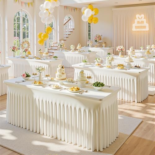 2 Pack Ivory Spandex Tablecloth for 6FT Rectangle Tables, Fitted Stretch Table Cover with Skirt, Wrinkle Free Washable Elastic Table Cloth for 6 Foot Folding Table, Wedding Banquet Baby Shower - Image 3