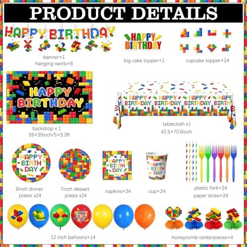 198Pcs Building Block Birthday Party Decorations with Plates, Napkins,Cups,Banner,Backdrop,Tablecloth, Balloons,Cake Toppers,Honeycombs for Boys Kids Birthday Party Supplies Serve 24 Guests - Image 3