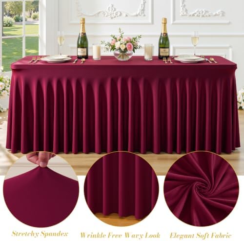 6 Pack Burgundy Table Cloth for 8 Foot Rectangle Tables Spandex Fitted Tablecloth 8ft Stretch Table Covers Skirt Burgundy Banquet Tablecloths Wrinkle Free Tablecloth for Party Wedding Birthday Event - Image 5