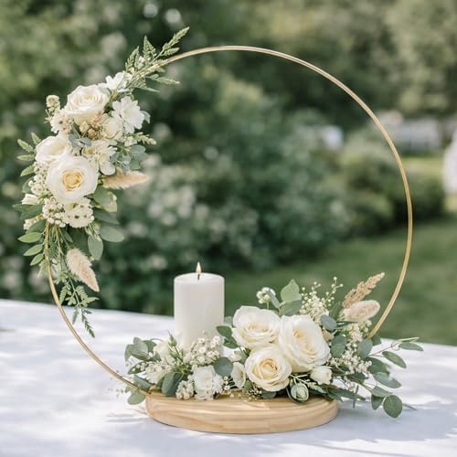 6 Pack Floral Hoop Centerpieces with Stand, 18 Inches Metal Rings for Crafts DIY Centerpieces Table Decoration with 8 Inch Large Wooden Stand Wedding Birthday Baby Shower Party Table Displays - Image 2