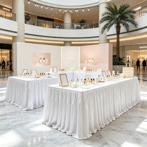 14ft Length Satin White Table Skirt Rectangle Tables Wrinkle Resistant Ruffle Table Skirting Glitter Teacher Desk Cover Skirt for School Classroom Dorm Wedding Birthday Party Trade Show Decorations - Image 6