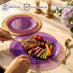 YOUBET 125PCS Purple Plastic Plates with Gold Rim for Party Wedding - Image 3
