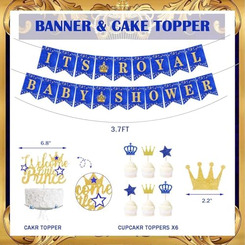 122 PCs Royal Prince Baby Shower Decorations for Boy, Fiesec A Little Prince Is On The Way Its Royal Baby Shower Backdrop Balloon Garland Banner Cake Cupcake Topper Crown Star Blue White Gold - Image 3
