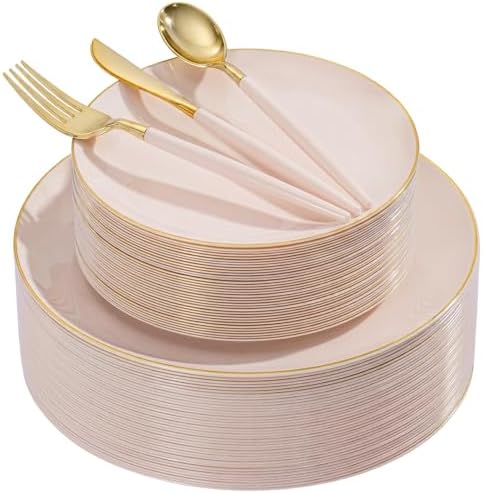 DaYammi 150Pcs Pink Plastic Plates with Gold Rim,Elegant Disposable Dinnerware with Gold Cutlery - 30 Dinner Plate,30 Dessert Plate,30 Knives,30 Forks,30 Spoons,Fancy Pink Plates for Party Wedding by DaYammiwillaccompanyyou