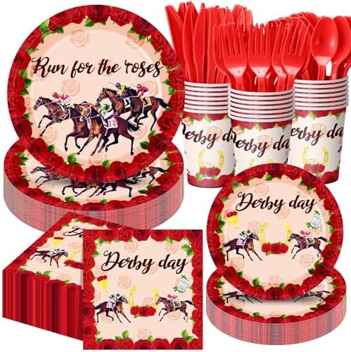 Funnymoom 400 Pcs Derby Run for The Roses Party Supplies, Horse Racing Paper Plates Napkins Cups Cutlery Set, Western Cowboy Disposable Dinnerware for Preakness Party Bridal Shower, Serves 50 Guests by Funnymoom