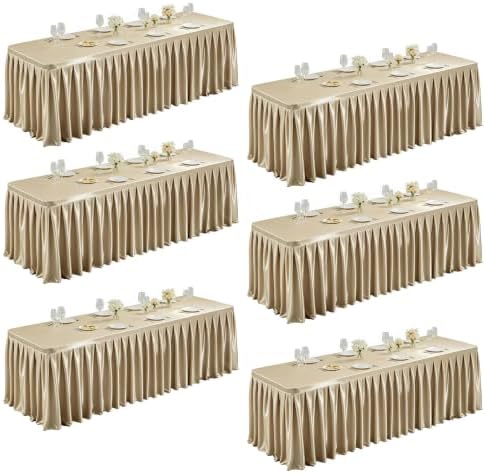 Champagne Gold Satin Tablecloths Rectangle 6FT, 6 Pack Glitter Fitted Stretch Table Covers Wrinkle-Resistant Floor Length Pleated Table Skirt for Weddings Parties Baby Shower Banquets Vendor Events by Partisky