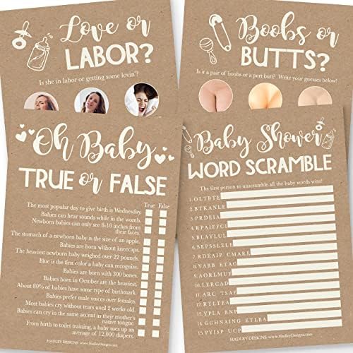 Hadley Designs - 25 Rustic Love or Labor, Boobs Or Baby Butts Game, Word Scramble For Baby Shower - 4 Double Sided Cards Baby Shower Ideas, Baby Shower Party Supplies by HadleyDesigns