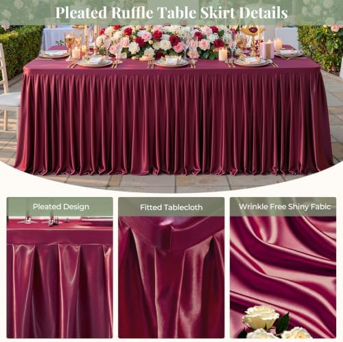1 Pack Burgundy Satin Tablecloths Rectangle 4FT, Glitter Spandex Fitted Stretch Table Covers Wrinkle-Free Floor Length Shimmer Table Skirt for Weddings Parties Baby Shower Banquets Vendor Events - Image 2