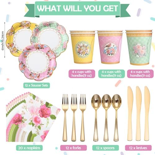 Layhit 83 Pcs Disposable Tea Party Set with 3 Tier Cake Stand Vintage Floral Paper Cups Plates Napkins Cutlery for Women Girls Birthday Baby Shower Bridal Shower Tea(Vivid) - Image 2